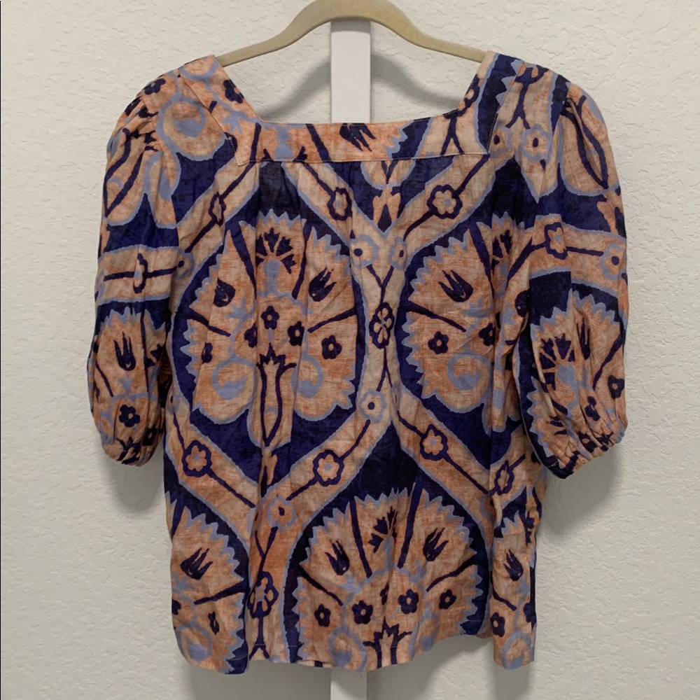 Never a Wallflower Blue Boho Print Short Sleeve Linen Blouse - Picture 6 of 9